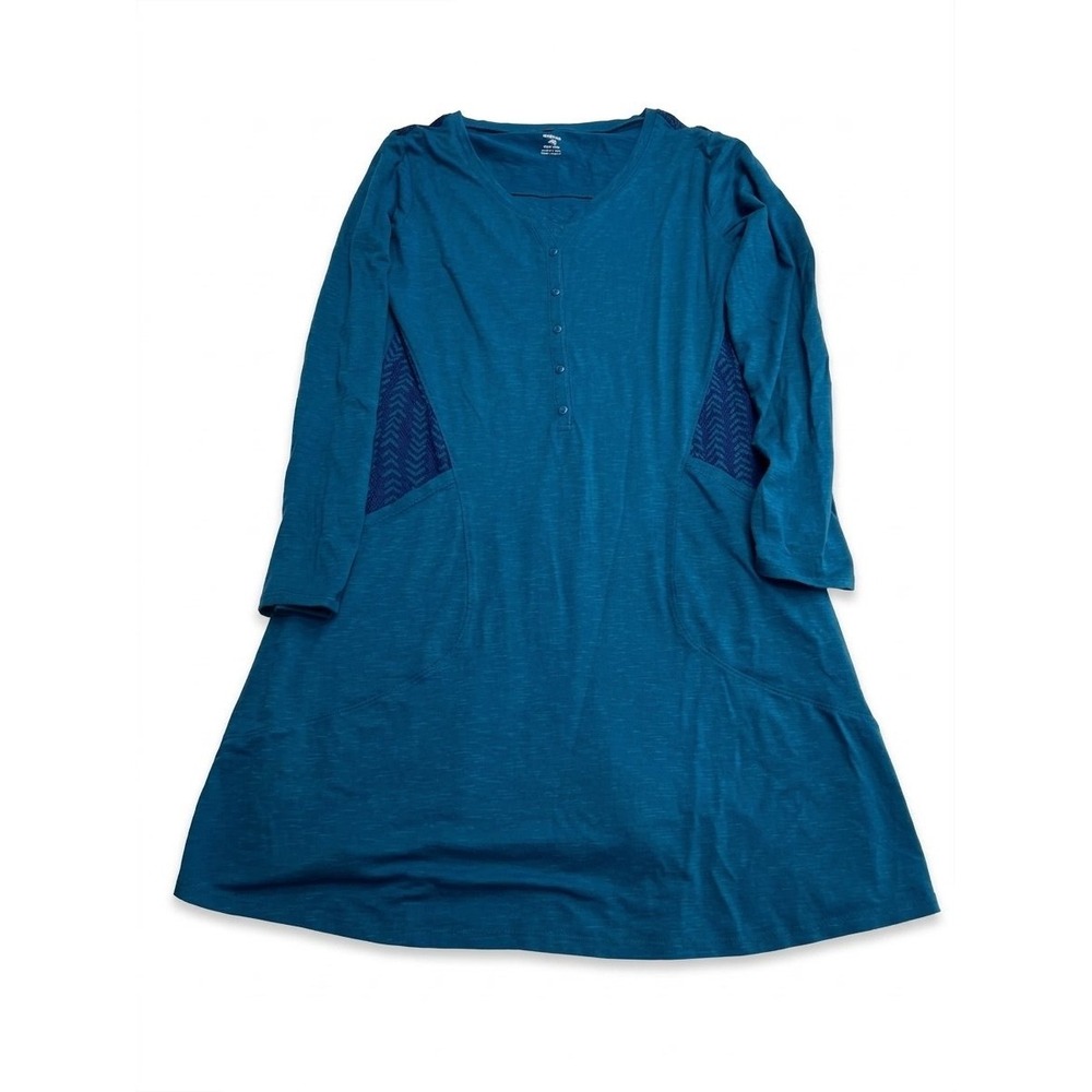 Horny Toad Henley Dress Womens Medium Teal Blue Long Sleeve Pockets Slub